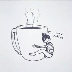 a drawing of a woman sitting on the ground in front of a coffee cup with steam coming out of it