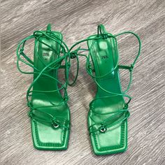 Strappy Sandals Never Worn Out Square Toe 3.75” Heel Fit True To Size Size 40/ Us9 Box Included Casual Green Square Toe Sandals, Zara Synthetic Heels For Vacation, Summer Party Lace-up Sandals With Square Toe, Green Strappy Sandals With Heel Strap, Green Strappy Sandals For Summer, Green Square Toe Sandals For Party, Green Lace-up Sandals For Spring Vacation, Zara Heels For Spring Vacation, Zara High Heel Sandals For Vacation