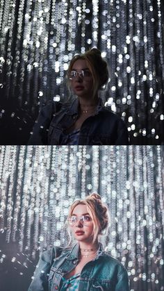 two different images of a woman with glasses in front of a wall full of lights