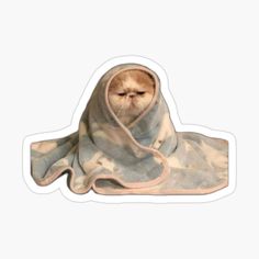 a cat wrapped up in a blanket with its eyes closed sticker on a white background