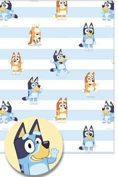 an image of cartoon characters on blue and white striped wallpaper with the character dog