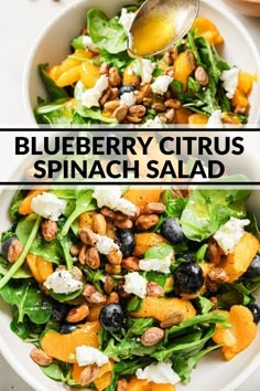 blueberry citrus spinach salad with feta cheese and walnuts in a white bowl