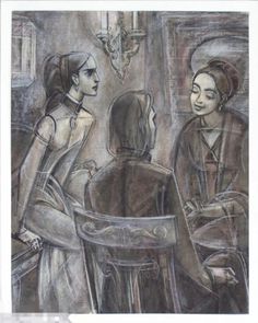 a drawing of two women sitting at a table talking to another woman who is standing next to her