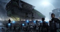 some sci - fi characters are standing in front of a futuristic city with large ships