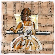 a drawing of a woman sitting in front of sheet music