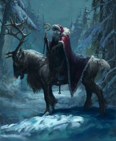 a man dressed as santa riding on the back of a reindeer in a snowy forest