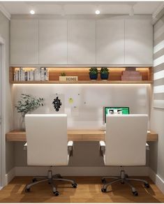 two white chairs sitting in front of a computer desk