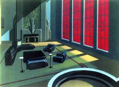 a painting of a living room filled with furniture