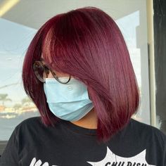 Smooth Solid Burgundy Lob Burgundy Red Short Hair, Cherry Red Bob Hair, Red Hair On Short Hair, Red Lob Hair, Short Deep Red Hair, Cherry Hair Short, Plum Short Hair, Burgundy Bob Hair, Short Hair Red Color