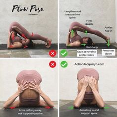 a woman is doing yoga poses with her hands on her head