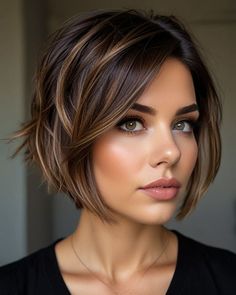 A Line Bob Highlights Dark Brown, Bob Haircut And Color, Highlight On Bob Haircut, Hairstyles For Chunky Faces For Women, Bobs With Highlights Brunette, Dark Brown Hair Blonde Highlights Short Bob, Low Maintenance Haircut With Bangs, Short Hair Styles Brunette, Brunette Short Hair With Highlights