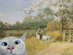 a painting of a cat and a man on a farm