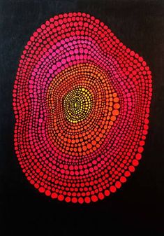 a red and black painting with circles on it's surface in the center is an orange circle