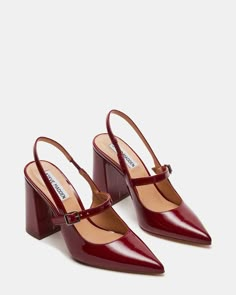 MAEGAN Wine Patent Slingback Heel | Women's Heels – Steve Madden Burgundy Mary Janes, Block Heel Slingback, Everyday Heels, Dr Shoes, Buckle Top, Work Fits, Leather Socks, Aesthetic Shoes, Shoe Inspo