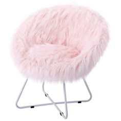 a pink furry chair with metal legs