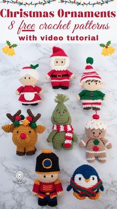 christmas ornaments crochet pattern with video instructions for beginners to make them look like they are wearing hats and scarves