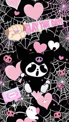 a black and pink poster with lots of heart shaped objects on it's face