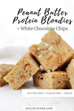 peanut butter protein blondies and white chocolate chips are stacked on top of each other