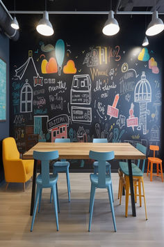 Office breakout area with a fun and colorful chalkboard accent wall, encouraging creativity and collaboration among team members. Fun Corporate Office, Wall Ideas For Office, Chalkboard Accent Wall, Brainstorming Room, Office Accent Wall, Room Renovation Ideas, Bold Paint Colors, Corporate Event Design, Art Galleries Design