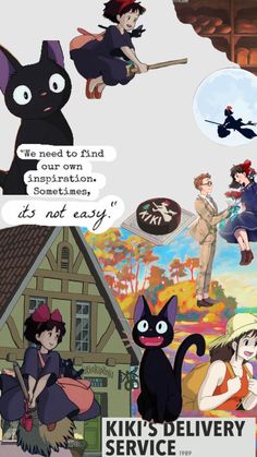 an advertisement for kiki's delivery service, with cartoon characters and captions