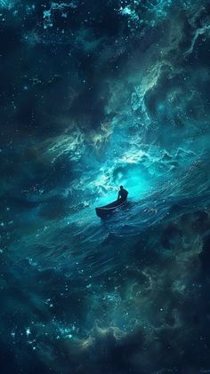 a man in a boat floating on top of the ocean surrounded by stars and clouds