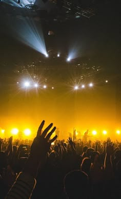 a crowd at a concert with their hands up in the air and lights shining down on them