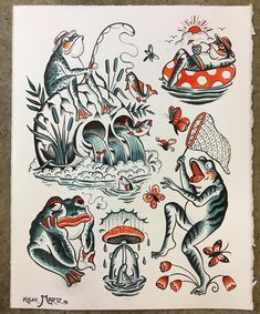 a drawing of different types of animals and things in the water, including mushrooms, fish, mushroom - like creatures