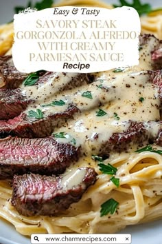 Savory Steak Gorgonzola Alfredo with Creamy Parmesan Sauce Steak Gorgonzola Alfredo, Gorgonzola Alfredo, Parmesan Sauce Recipe, Steak Alfredo, Steak Gorgonzola, Gorgonzola Recipes, Steak Dinner Recipes, Creamy Parmesan Sauce, Gorgonzola Cheese