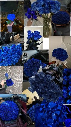 a collage of blue flowers sitting on top of a table next to a car