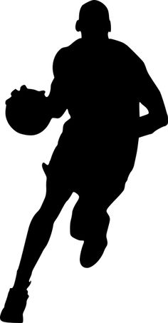 a black and white silhouette of a man holding a basketball in one hand while running with the ball