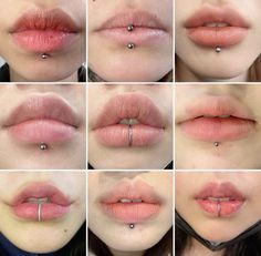 various pictures of lips with different piercings on each lip and the same nose ring