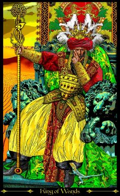 the king of wands tarot card with an image of a man holding a staff