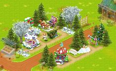 an image of a small town with lots of trees and decorations on it's lawn