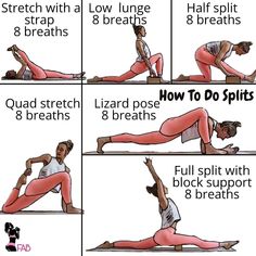 a woman doing yoga poses with the instructions for how to do splits in front of her