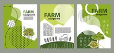 three green brochures with trees and plants on them, one is for farm