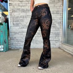 Sassy Snake Print Flares | gussieduponline Closet Revamp, Concert Look, Snake Print Pants, Hugging Silhouette, Concert Looks, Textured Fabric, Straight Pants, Snake Print, Bell Bottoms