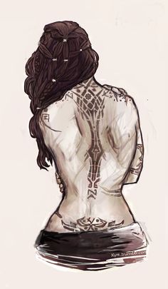 a drawing of a woman's back with tattoos on her upper body and shoulders