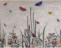 a painting with many different colored butterflies flying over flowers and grass in the sky,