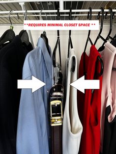 there are several different types of clothes hanging on the closet rack with arrows pointing to them