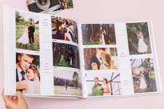 an open photo book with pictures of people and their wedding photos on it, being held up by a person's hand