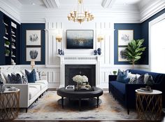 a living room filled with furniture and a fire place under a chandelier in front of a fireplace