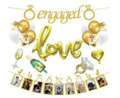 an engaged love banner with balloons and pictures