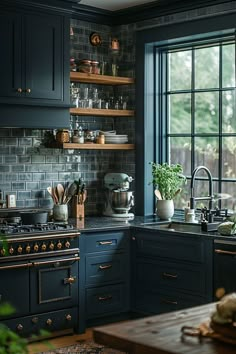 green kitchens, moody kitchens, farmhouse kitchens, Kitchen ideas, Kitchen decor, Moody Kitchens Dark, Dark Toned Kitchen, Moody Kitchens With White Cabinets, Black White Teal Kitchen, Blue Moody Kitchen, Dark Moody Kitchen Design, Boho Blue Kitchen, Green And Blue Kitchen Ideas, Black And Teal Kitchen