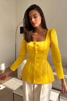 Satin Decorated Top - POST MERIDIEM Yellow Top Outfit, Royal Gowns, Elegant Outfit Classy, Simple Fall Outfits, Top With Long Sleeves, Elegant Dresses Classy, Blazer Designs, Yellow Top, Satin Top