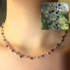 Dark blue faceted beaded necklace with silver spacer beads  Fairy core Blue Chain Necklace, Dark Blue Prom Dress Accessories, Blue Crystal Bead Necklace, Jewelry With Blue Dress, Blue Silver Jewelry, Silver And Blue Necklace, Dark Blue Beaded Necklace, Dark Blue Jewelry Aesthetic, Blue Crystal Beaded Necklaces For Jewelry Making