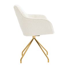 an upholstered white chair with gold legs and a wooden base, on a white background