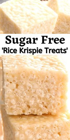 sugar free rice krispie treats stacked on top of each other with text overlay