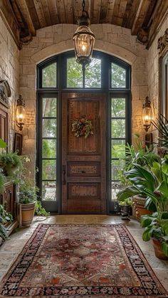 an entryway with potted plants and a rug on the floor in front of it