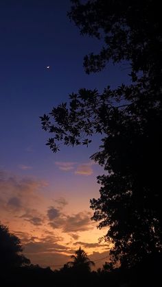 the sun is setting behind some trees