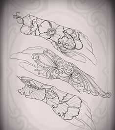 some flowers are drawn in black and white on a light gray background with swirls